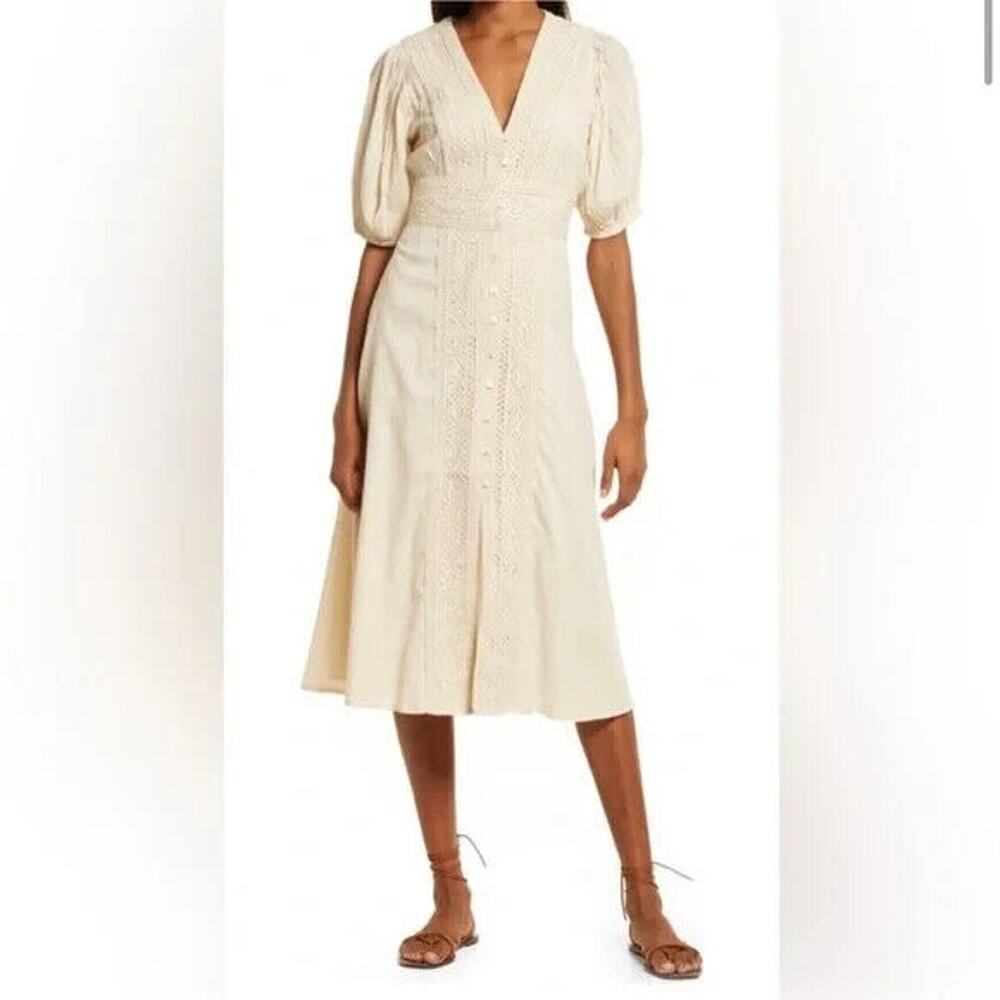 NWT Cleobella Magnolia Midi Dress Natural Short Sleeve Button Down Cotto…
